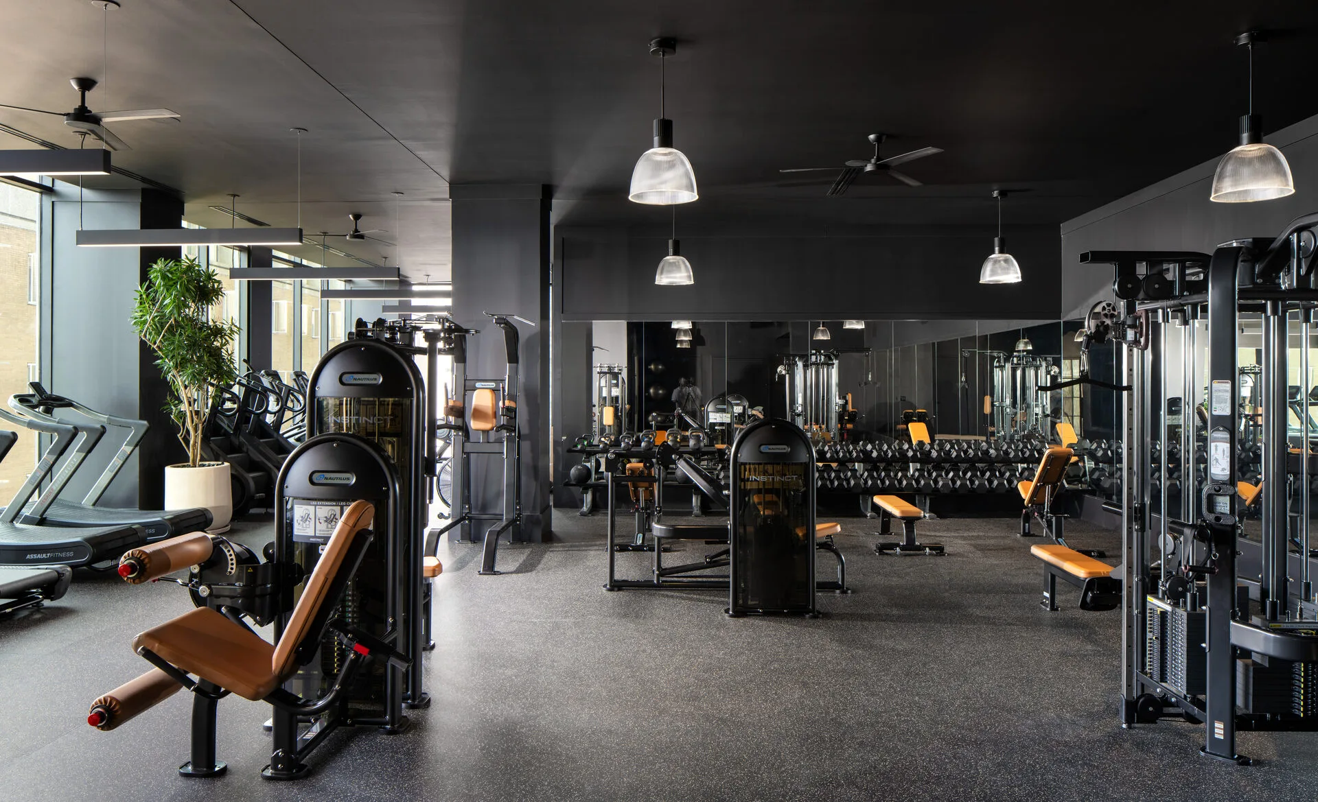 Apartment gym with Nautilus Instinct selectorized machines, a dumbbell rack, benches and a cable crossover