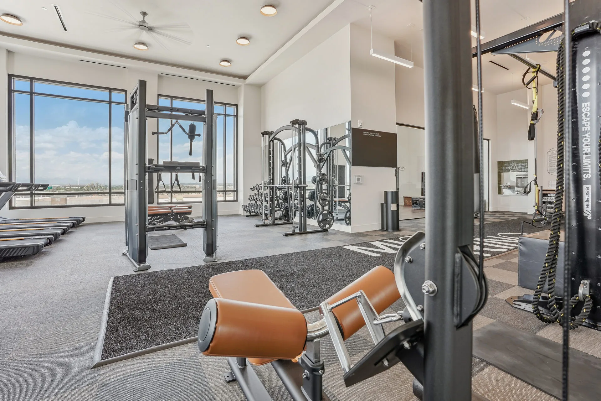 Top-floor apartment gym in Colorado with a half rack, Smith machine, treadmills, dumbbell racks and battle ropes