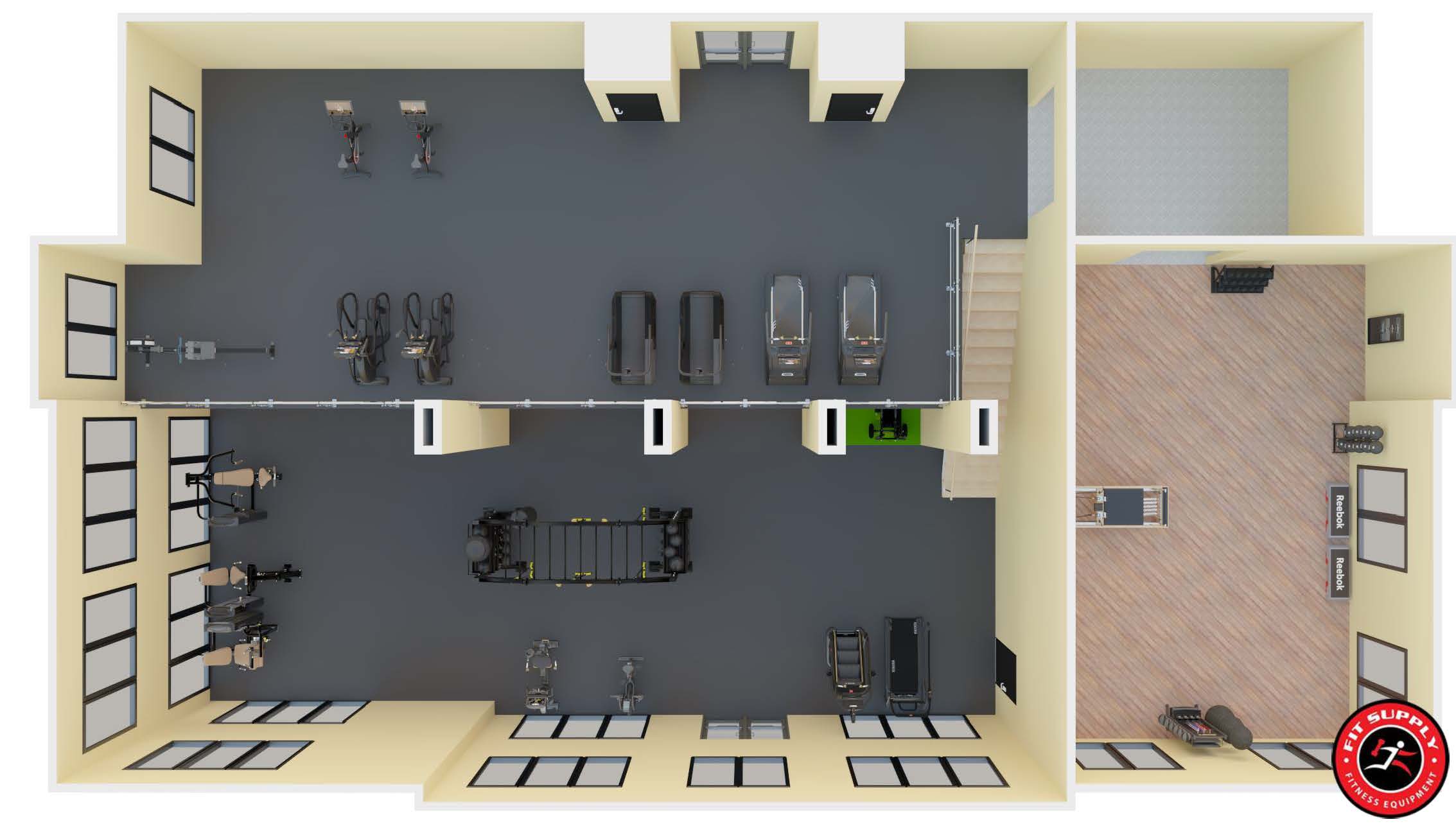 3D isometric rendering of a two-story fitness suite with cardio, strength machines and a wood-floor studio
