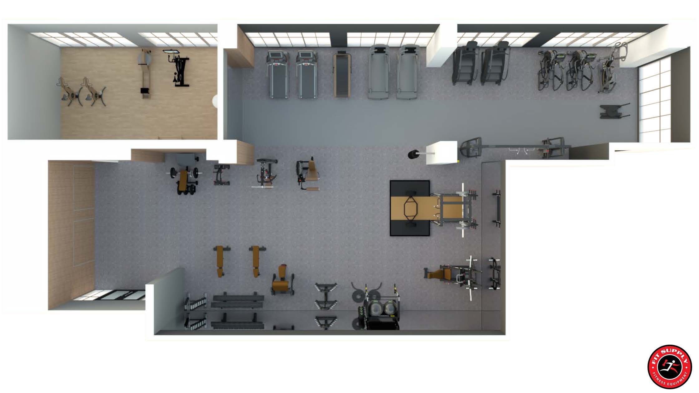 3D isometric rendering of a large fitness suite with cardio, strength equipment and a Pilates reformer