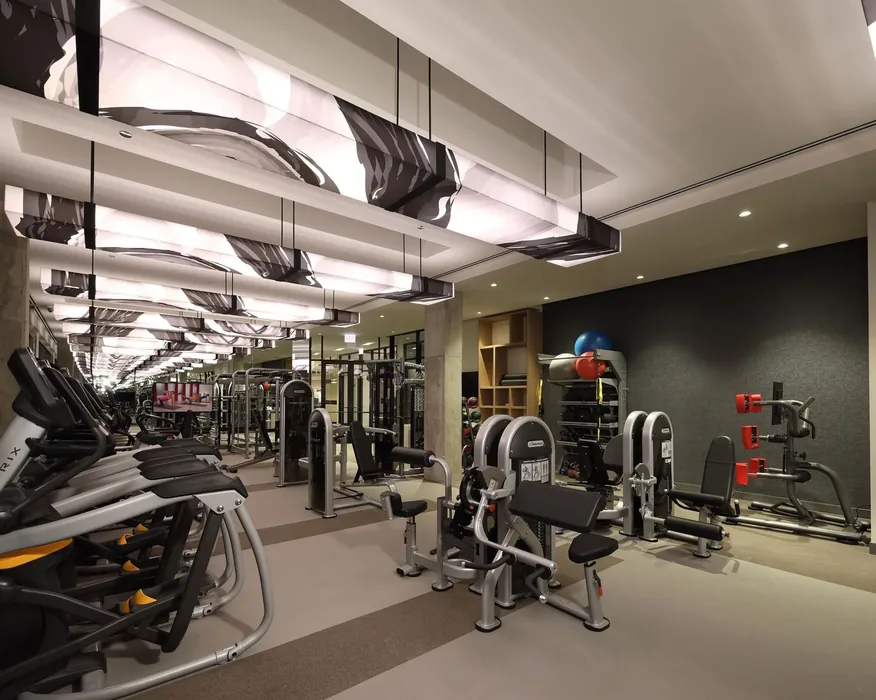Apartment fitness center in Illinois with Matrix ellipticals, Nautilus selectorized machines and medicine balls