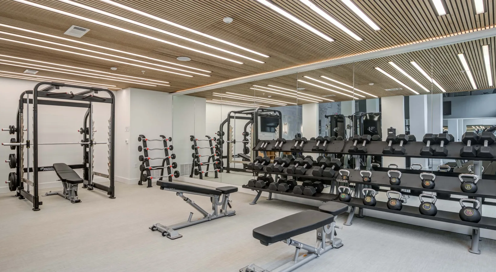 Free-weight room in a Texas apartment gym with a Nautilus half rack, curl bars, hex dumbbells and kettlebells