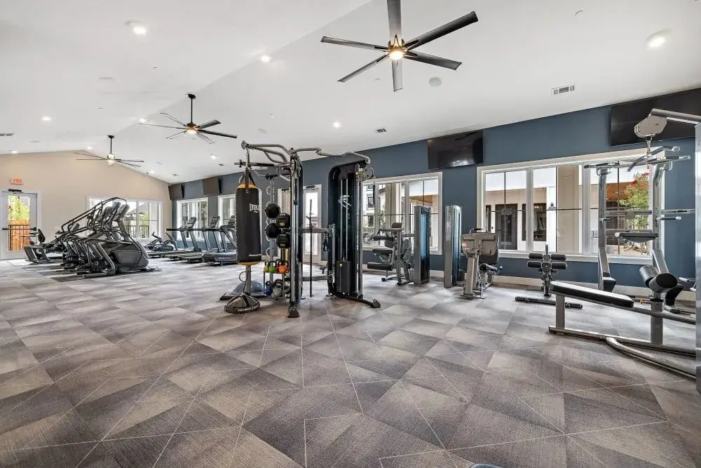 Apartment amenity gym in Texas with a heavy bag, dual functional trainers, ellipticals and selectorized machines