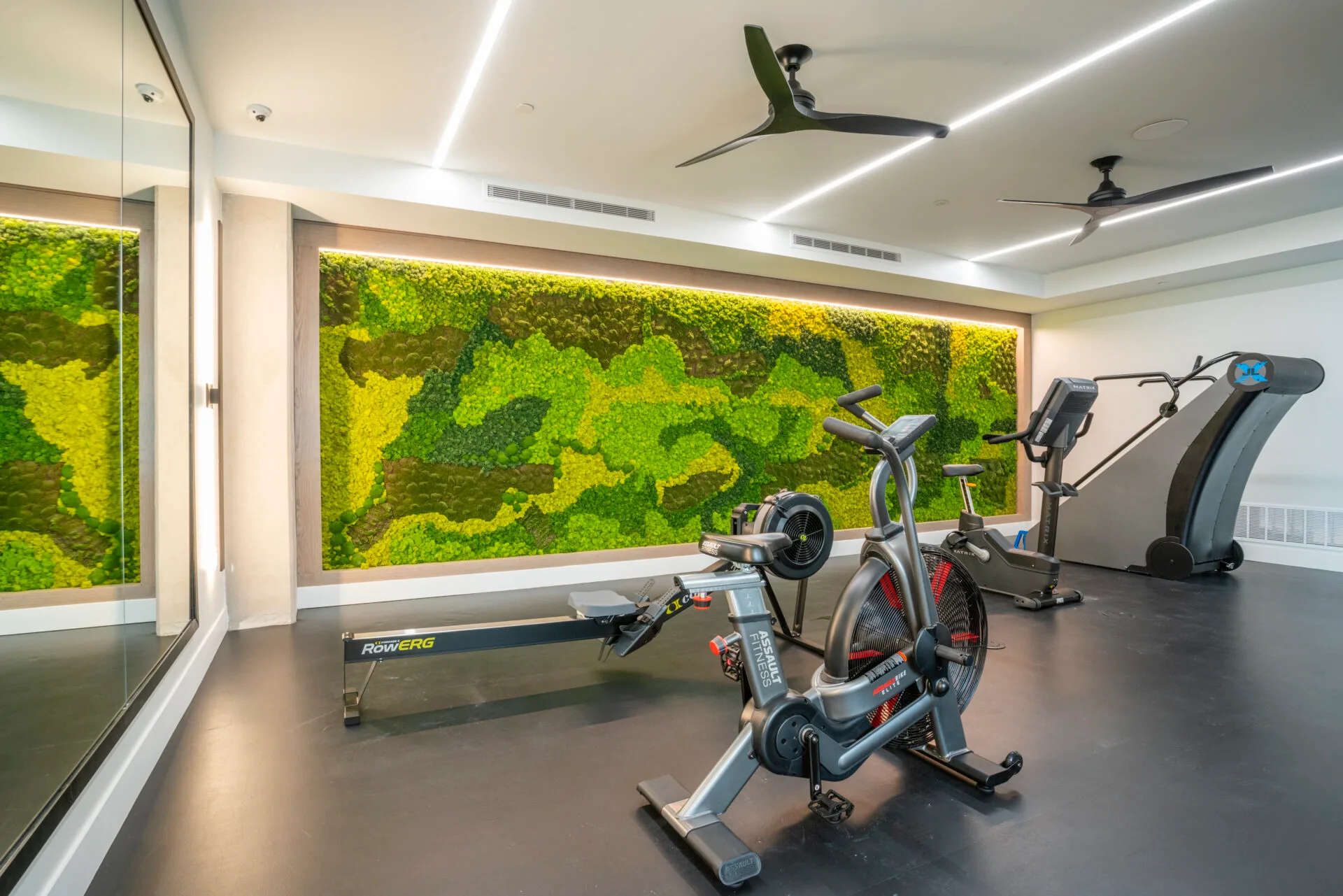 Cardio room in a Dallas, Texas apartment community with a Concept2 rower and Matrix stair climber