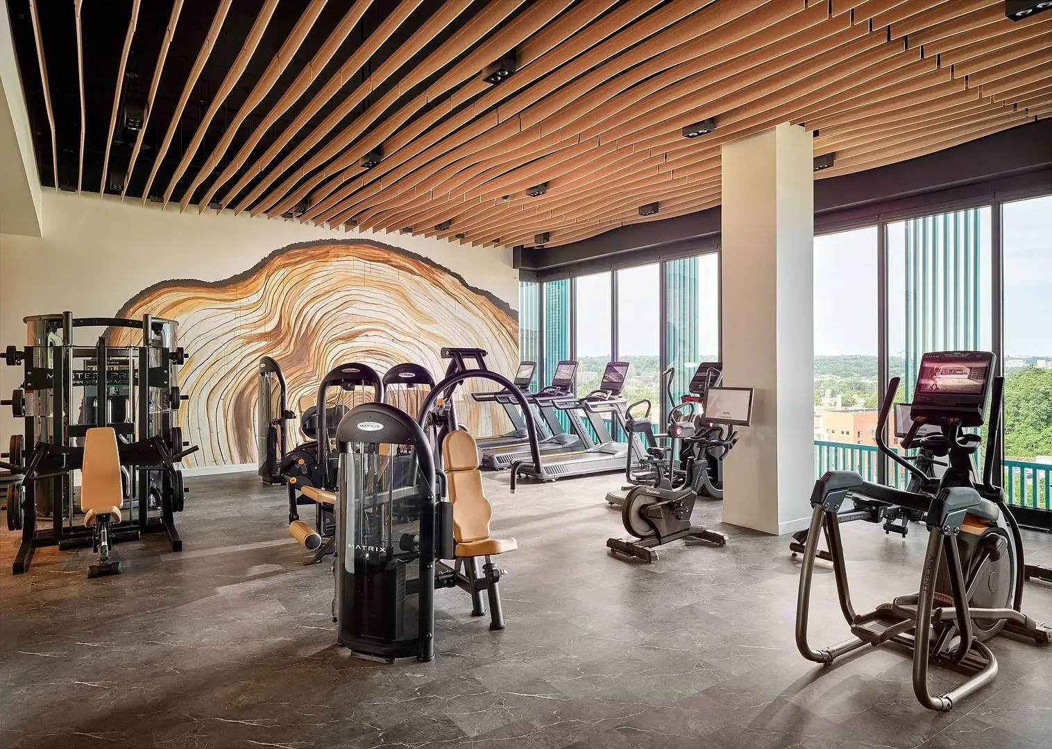 Top-floor apartment fitness center in Virginia with a Matrix Smith machine and stone-look tile flooring