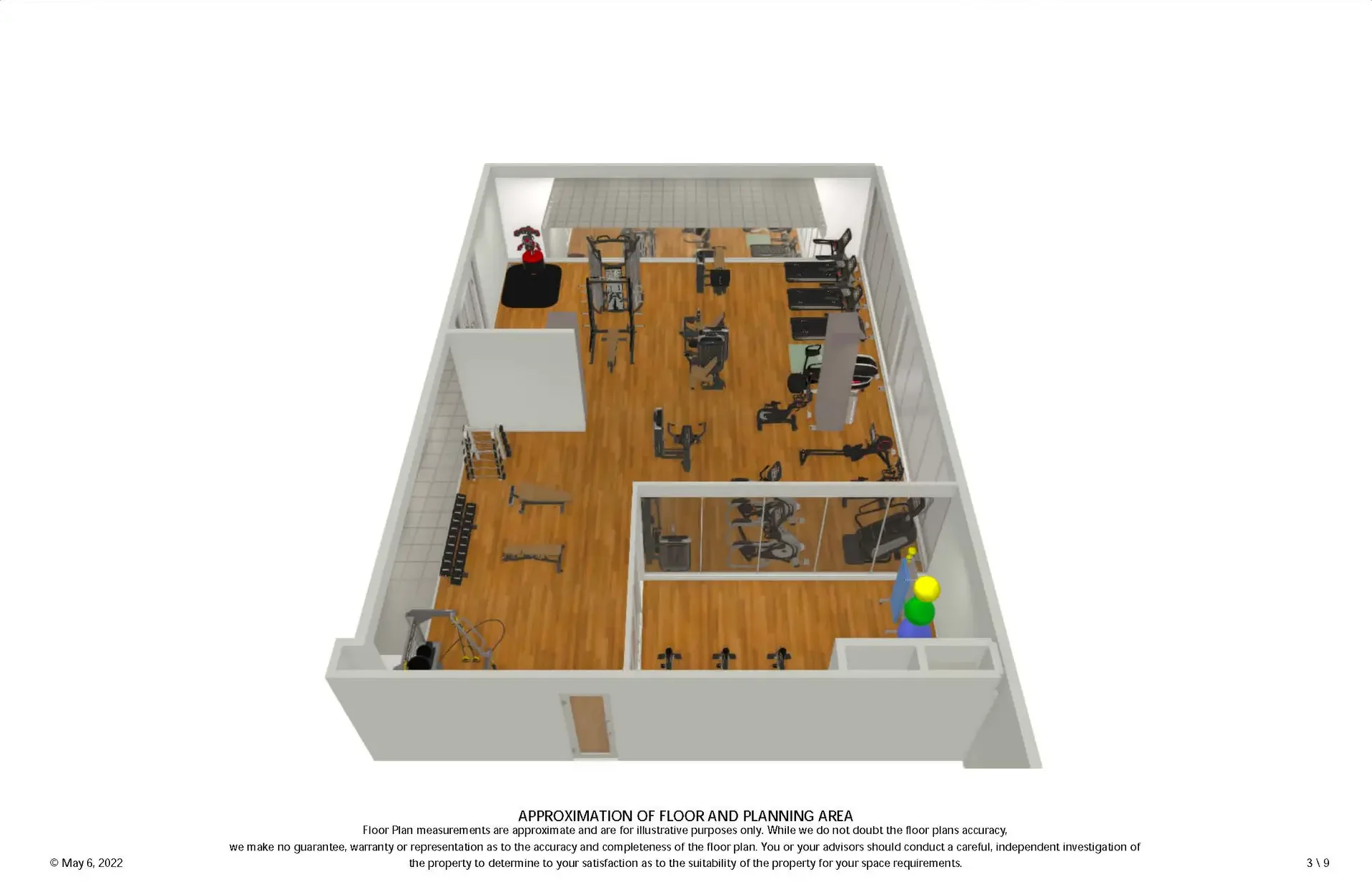3D layout rendering of an apartment fitness center and studio room, with cardio, strength and cycling zones