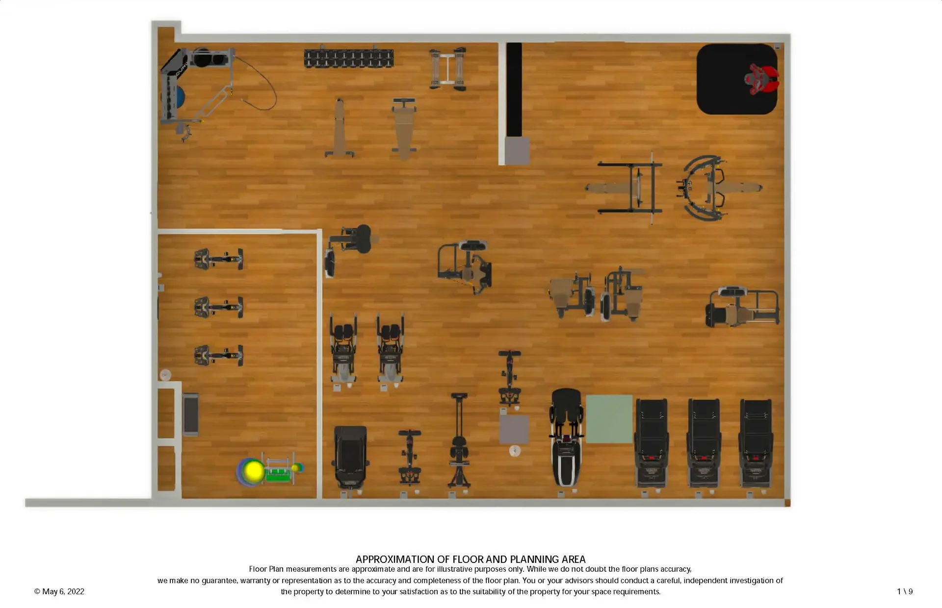Fit Supply floor plan drawing of an apartment fitness center and studio room, with equipment placed to scale