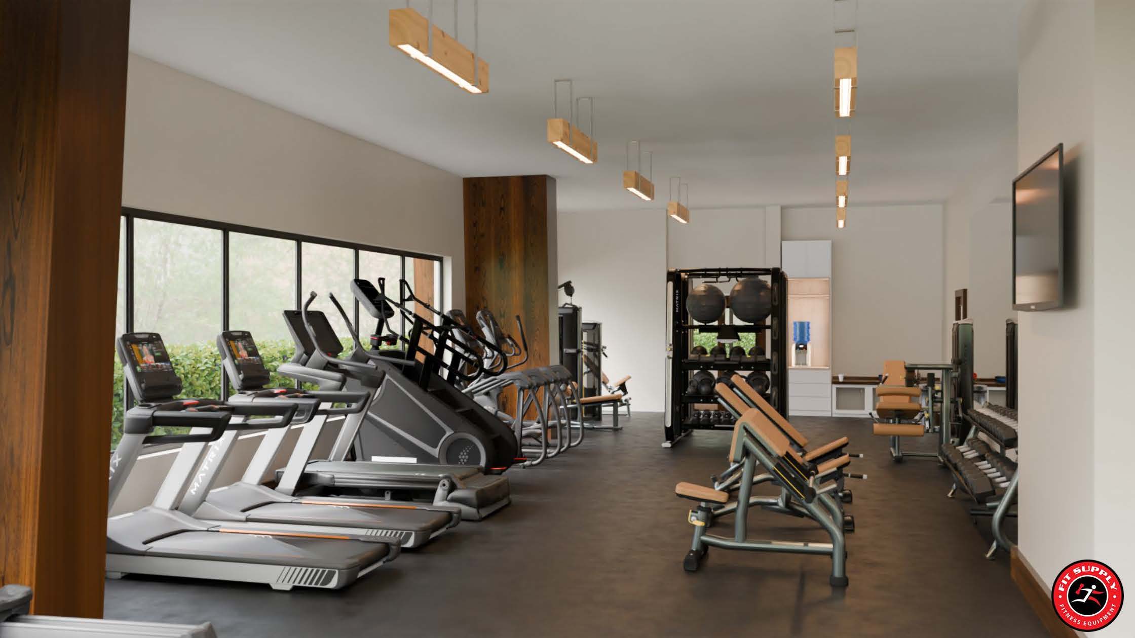 3D rendering of an apartment community gym with Matrix treadmills, adjustable benches and a medicine ball storage rig