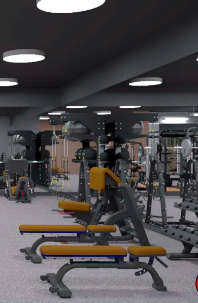 3D rendering of a strength floor with adjustable benches, plate-loaded machines and dumbbell racks