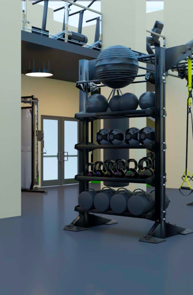 3D rendering of a functional storage rig holding a slam ball, medicine balls, kettlebells and foam rollers