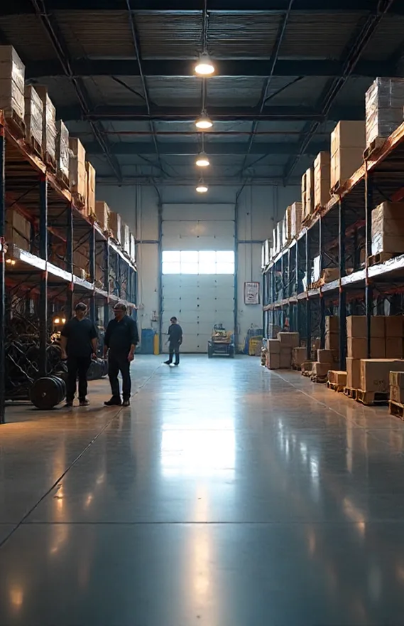 Warehouse aisle lined with pallet racking and boxed equipment, staff walking between the racks