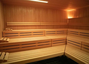 Infrared sauna cabin with tiered timber benching and glass front