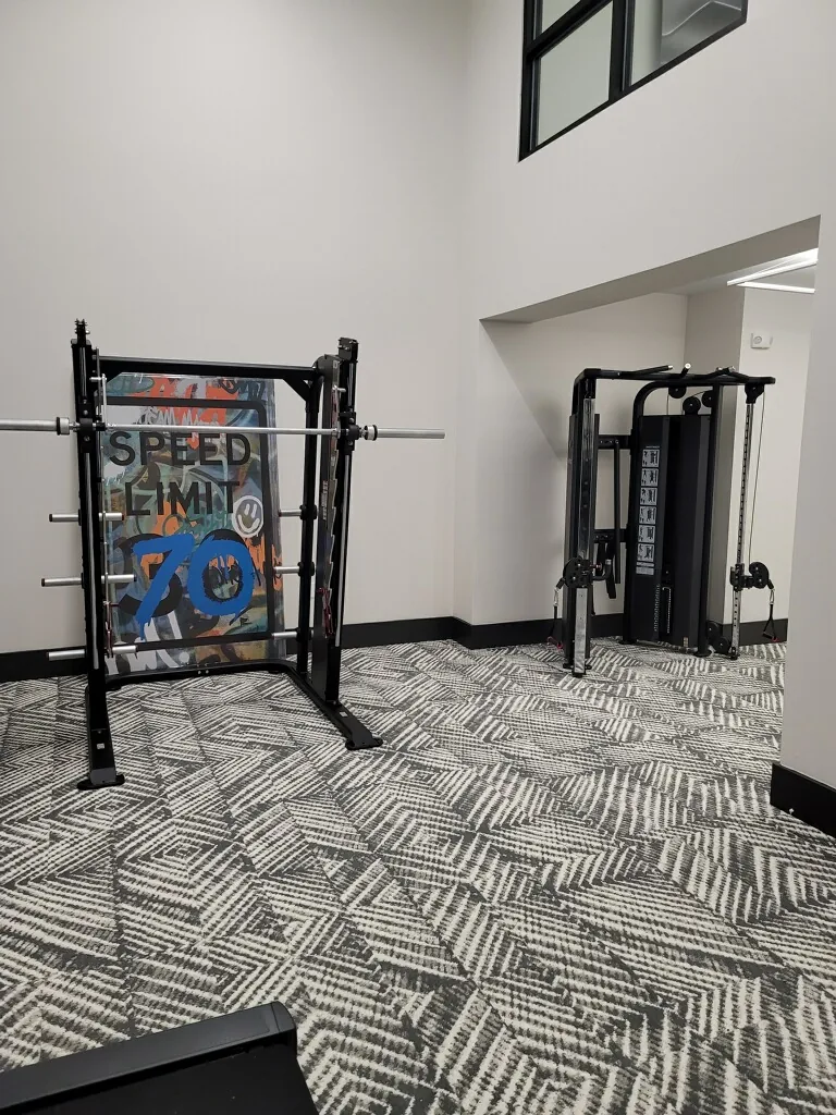 Power rack with an accent graphic and a functional trainer in an Apopka, Florida community gym