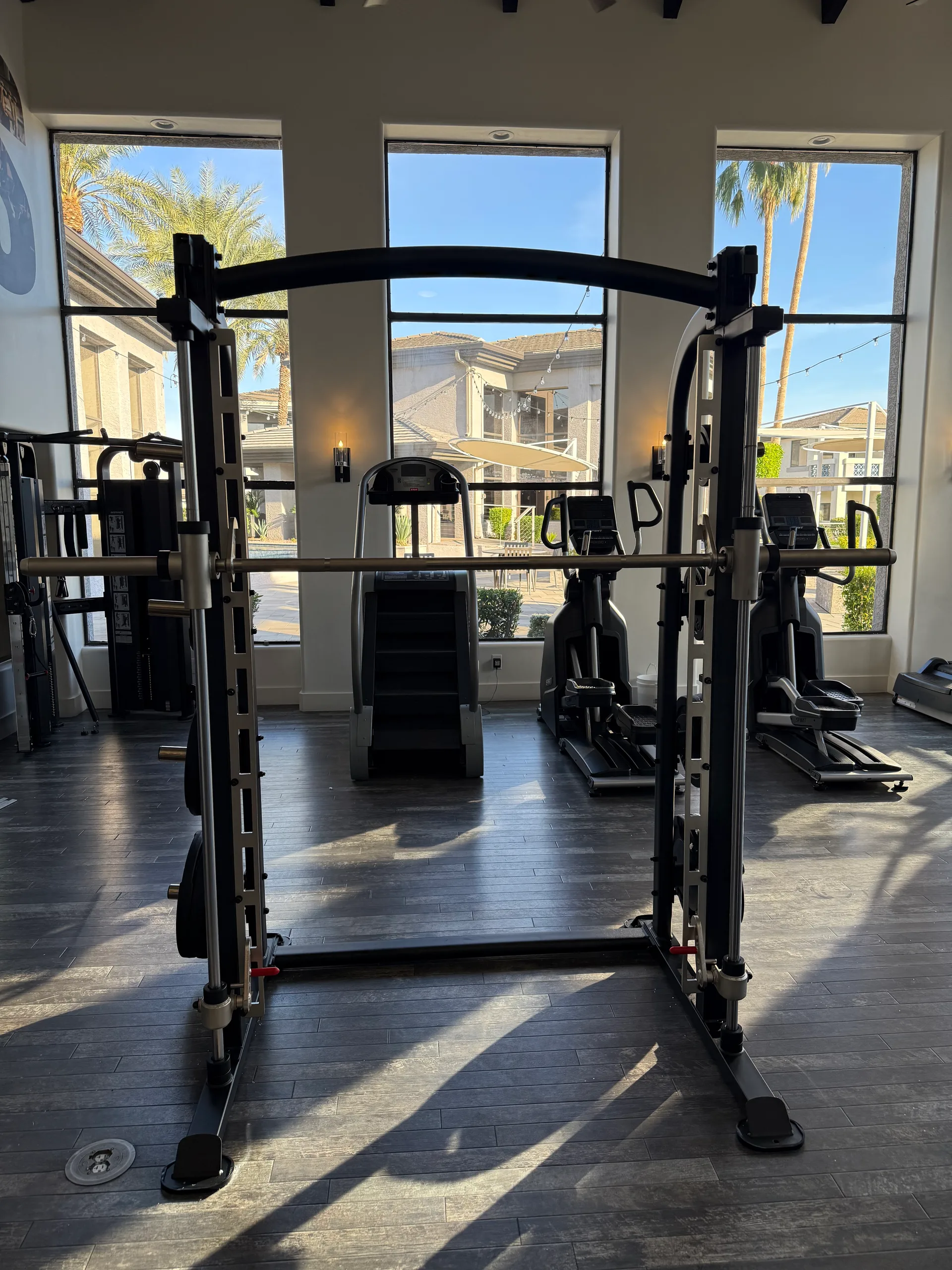 Cardio row of ellipticals and a treadmill facing an outdoor courtyard with palm trees at an Arizona apartment amenity gym