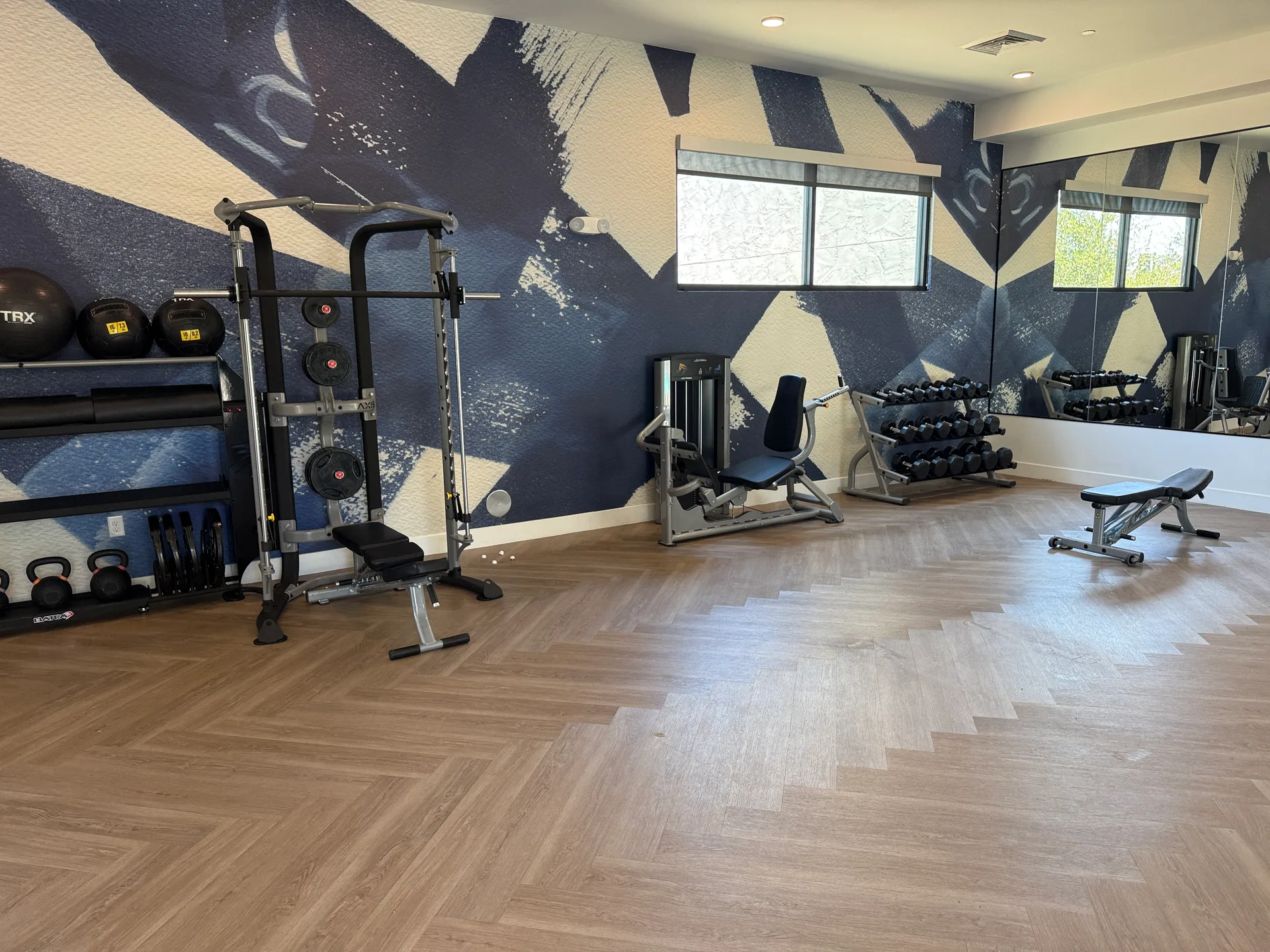 Loaded power rack, bench, medicine balls and kettlebells against a mural wall at an Arizona apartment amenity gym