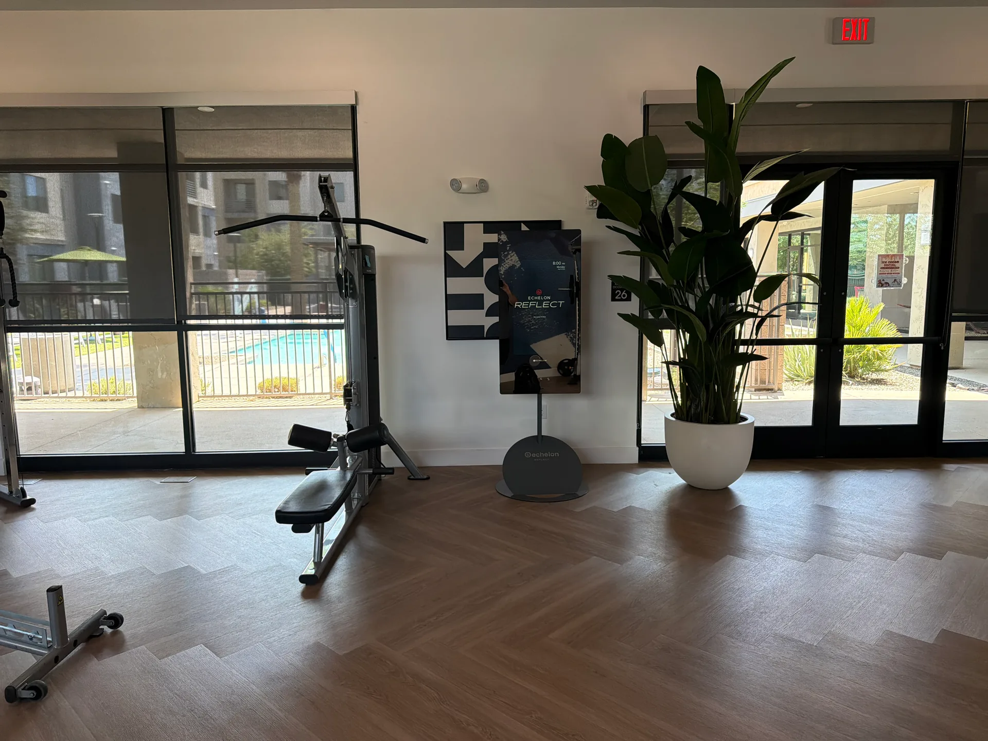 Echelon Reflect smart mirror beside a lat pulldown station at an Arizona apartment gym, pool visible through the window