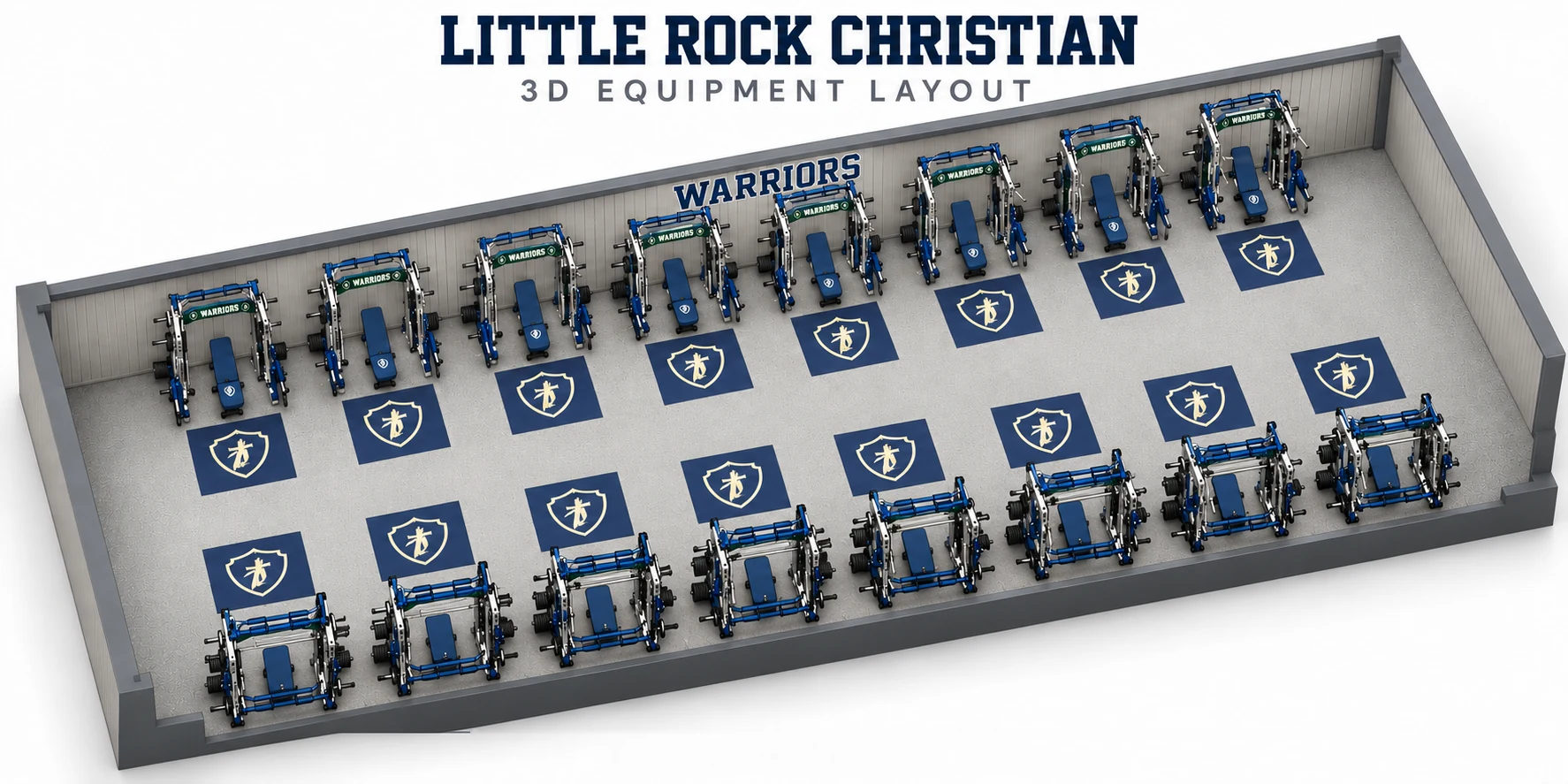 Little Rock Christian Academy 3D weight room layout: two rows of racks facing navy shield-logo platforms