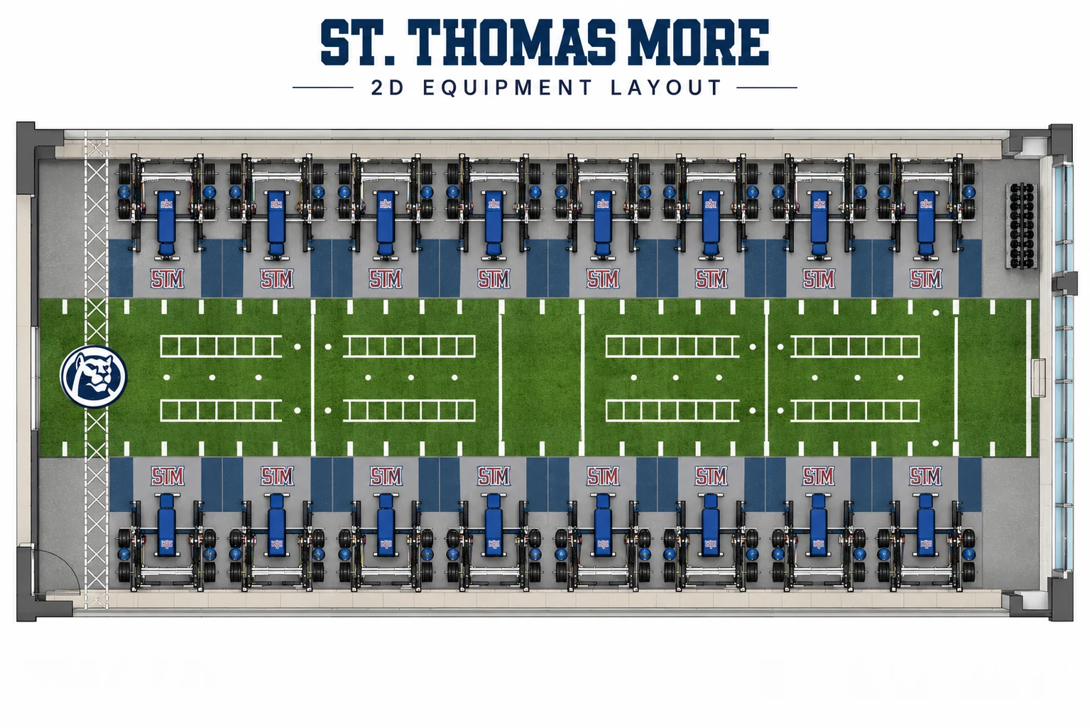 St. Thomas More 2D weight room layout: two facing rows of racks and benches beside a center turf lane