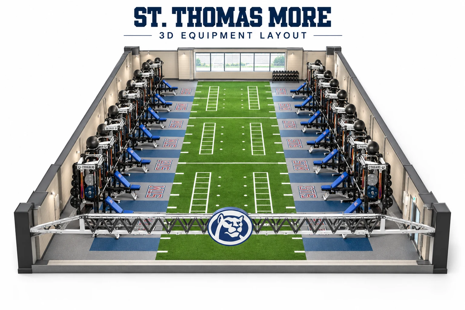 St. Thomas More 3D weight room layout: facing rack rows, branded lifting areas, a turf lane and the Cougars truss