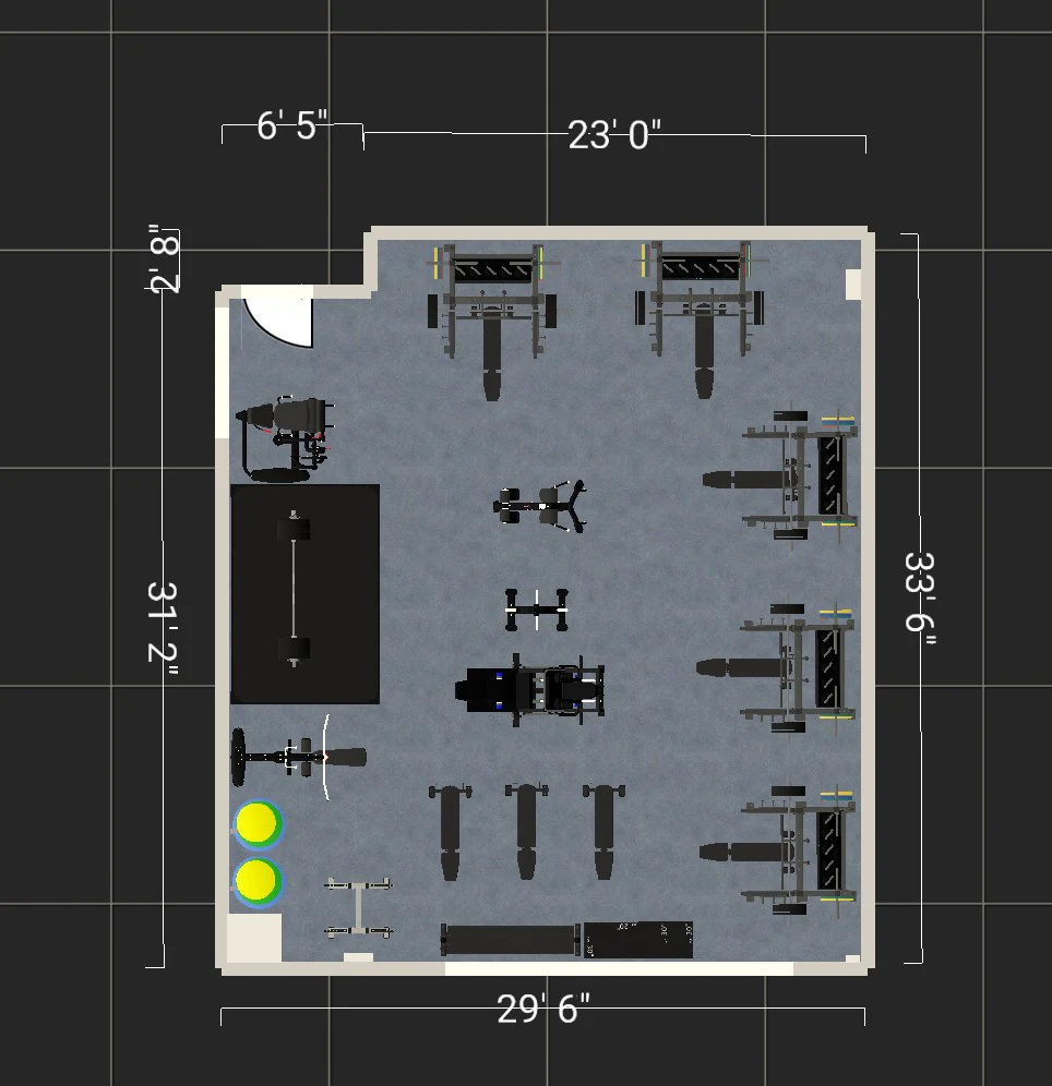 Dimensioned 2D plan of the Saranac High School weight room, 29 ft 6 in by 33 ft 6 in, with racks and a platform