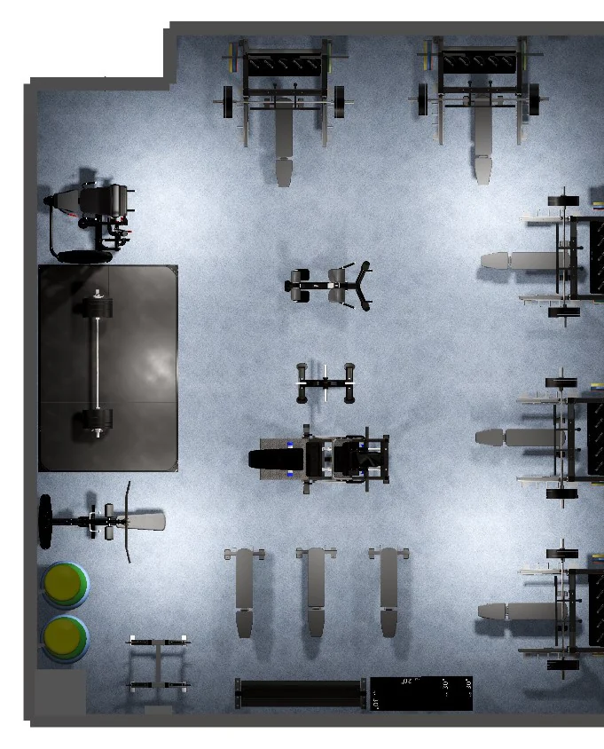 Overhead 3D layout of the Saranac High School weight room: wall racks, a lifting platform and machines