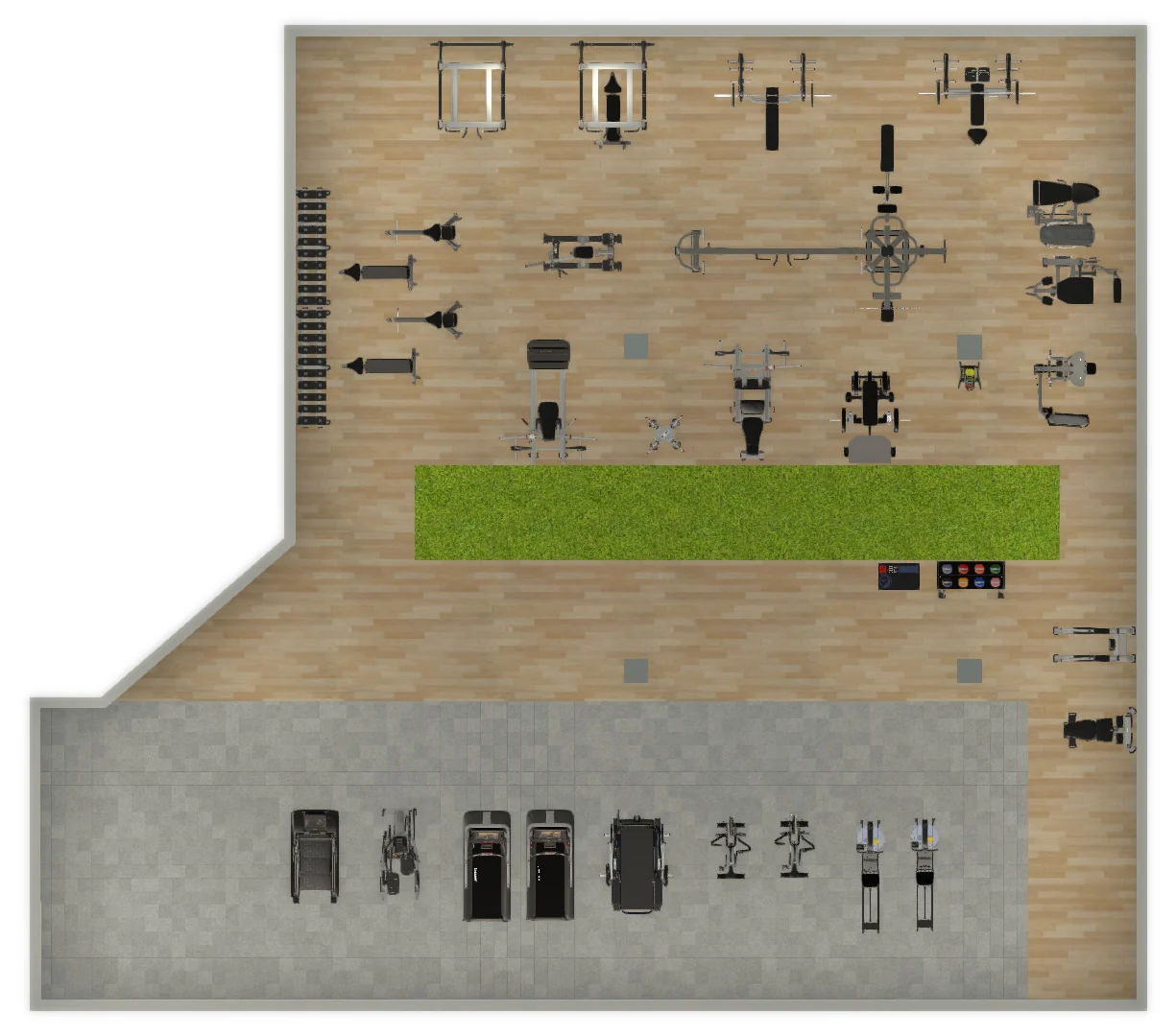 2D plan of Training Society in Denton, TX: a strength floor, a center turf strip and a separate cardio area
