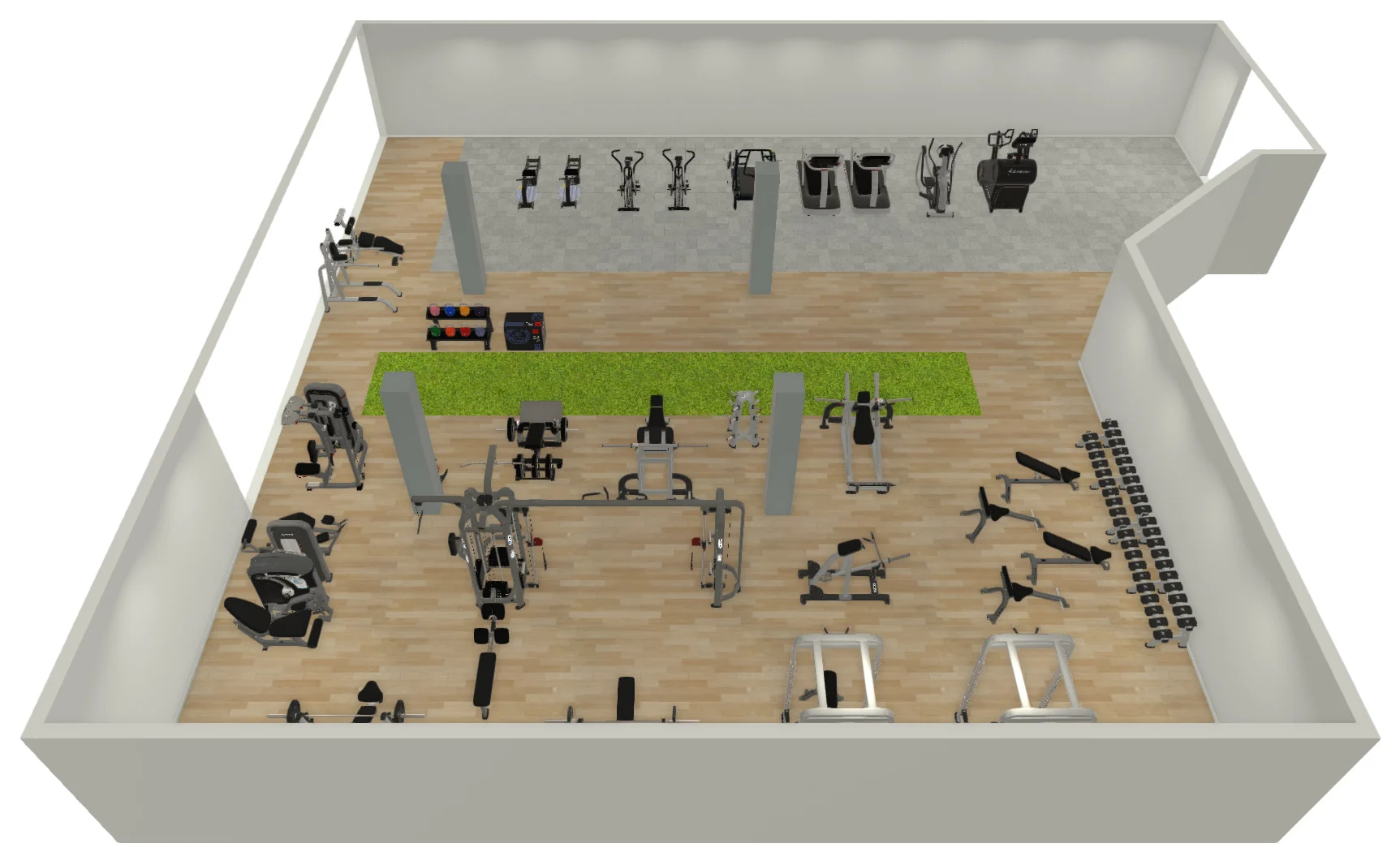3D rendering of Training Society in Denton, TX: a wood-look strength floor, a turf strip and a cardio row