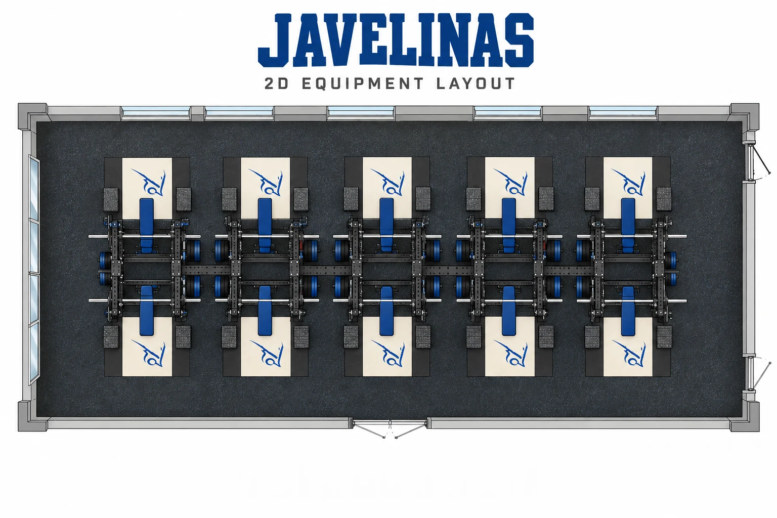 Texas A&M-Kingsville Javelinas 2D weight room layout: a back-to-back rack bank with logo platforms on both sides