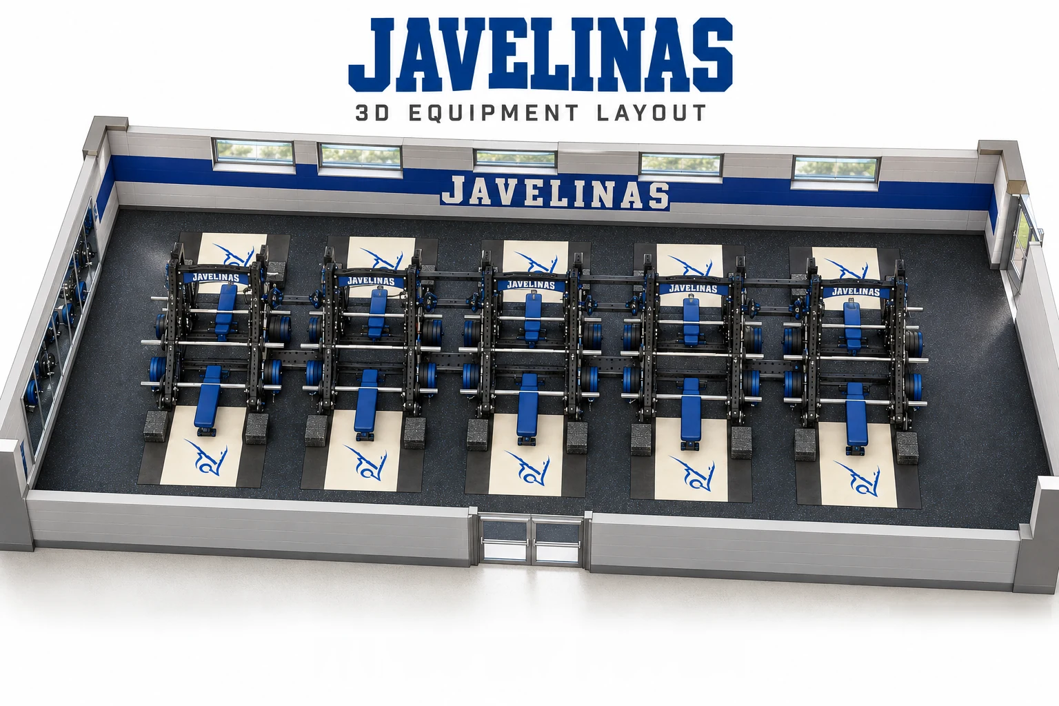 Texas A&M-Kingsville Javelinas 3D weight room layout: central rack bank, logo platforms and a blue program wall