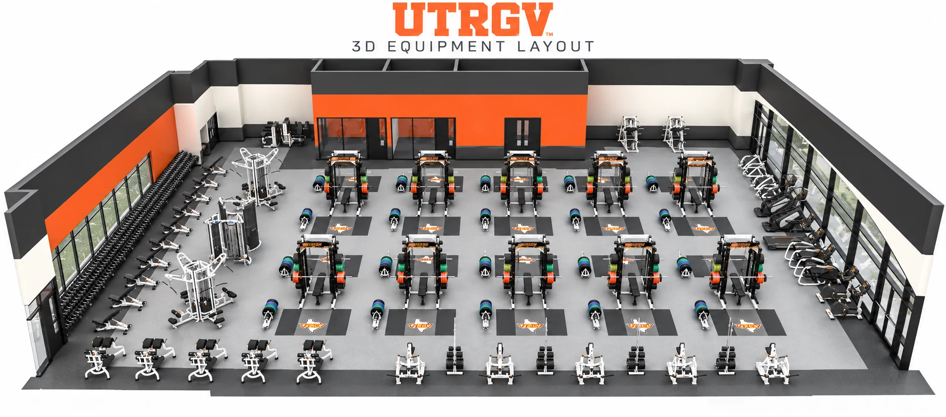 UTRGV weight room 3D layout: two rows of rack stations on platforms, with strength and cardio around the edge