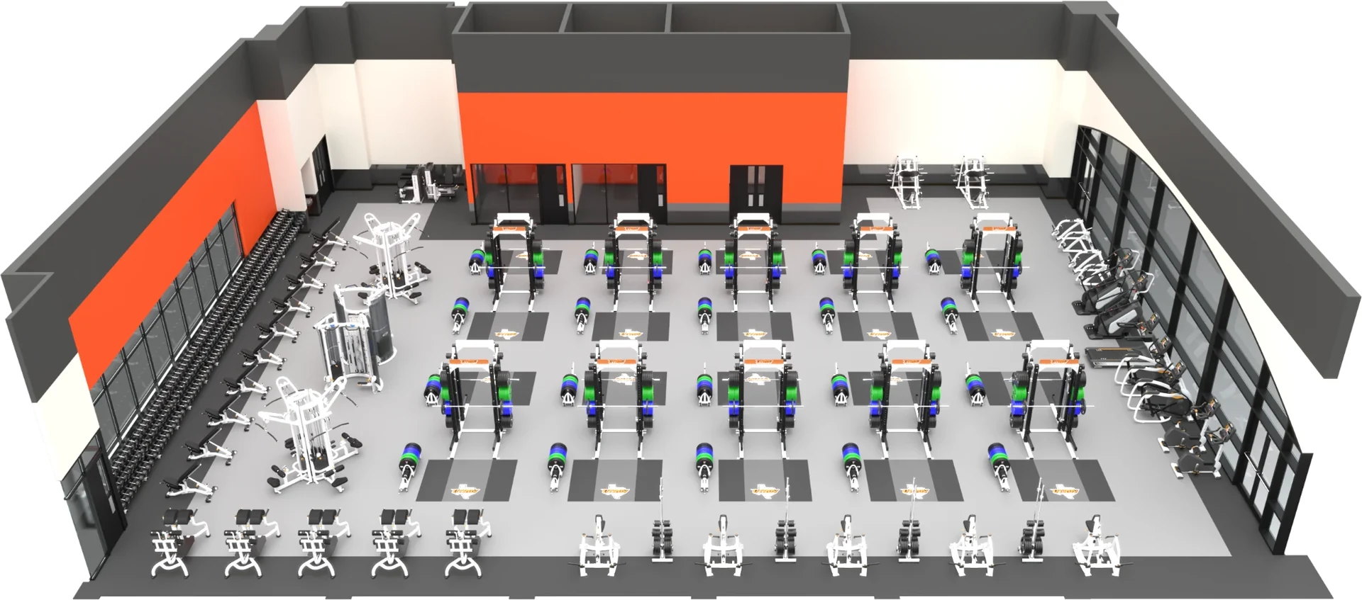 3D rendering of the UTRGV weight room: rack rows on platforms, an orange feature wall and cardio along the glass