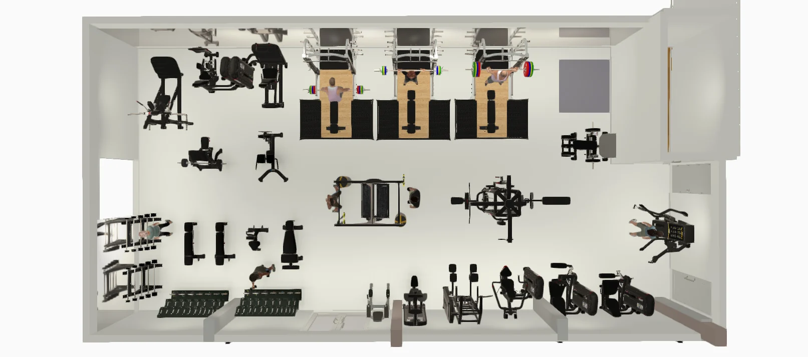 Overhead layout of the Southwestern Adventist University weight room: racks on platforms, strength and cardio