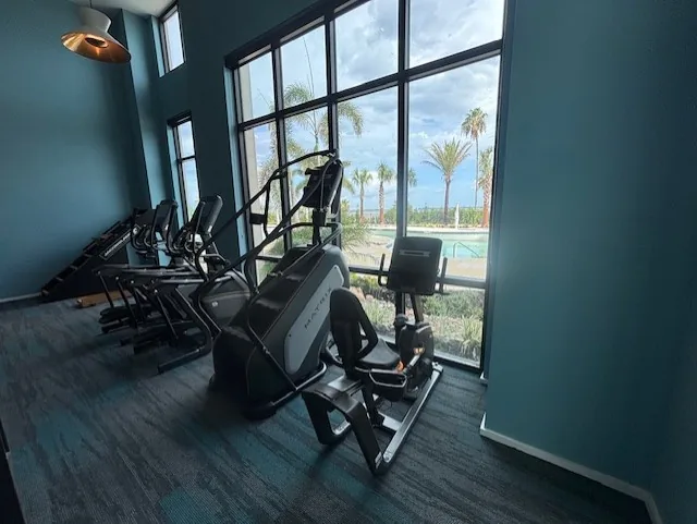 Matrix elliptical and cardio row facing pool-view windows at a Clearwater, Florida community