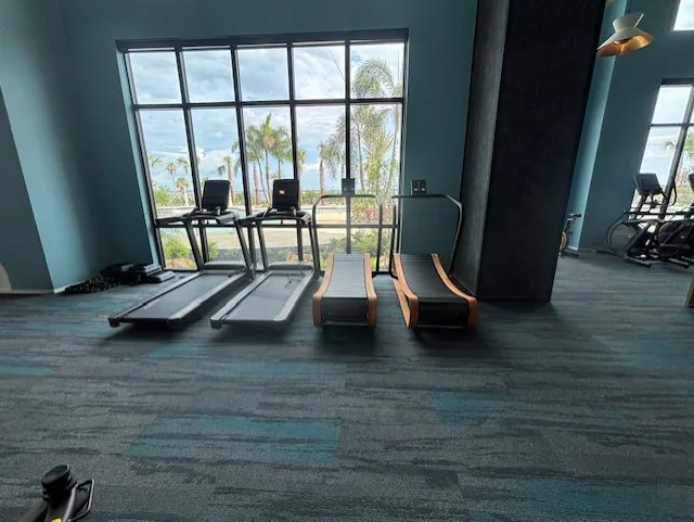 Two NOHrD curved wood treadmills beside standard treadmills at a Clearwater, Florida community