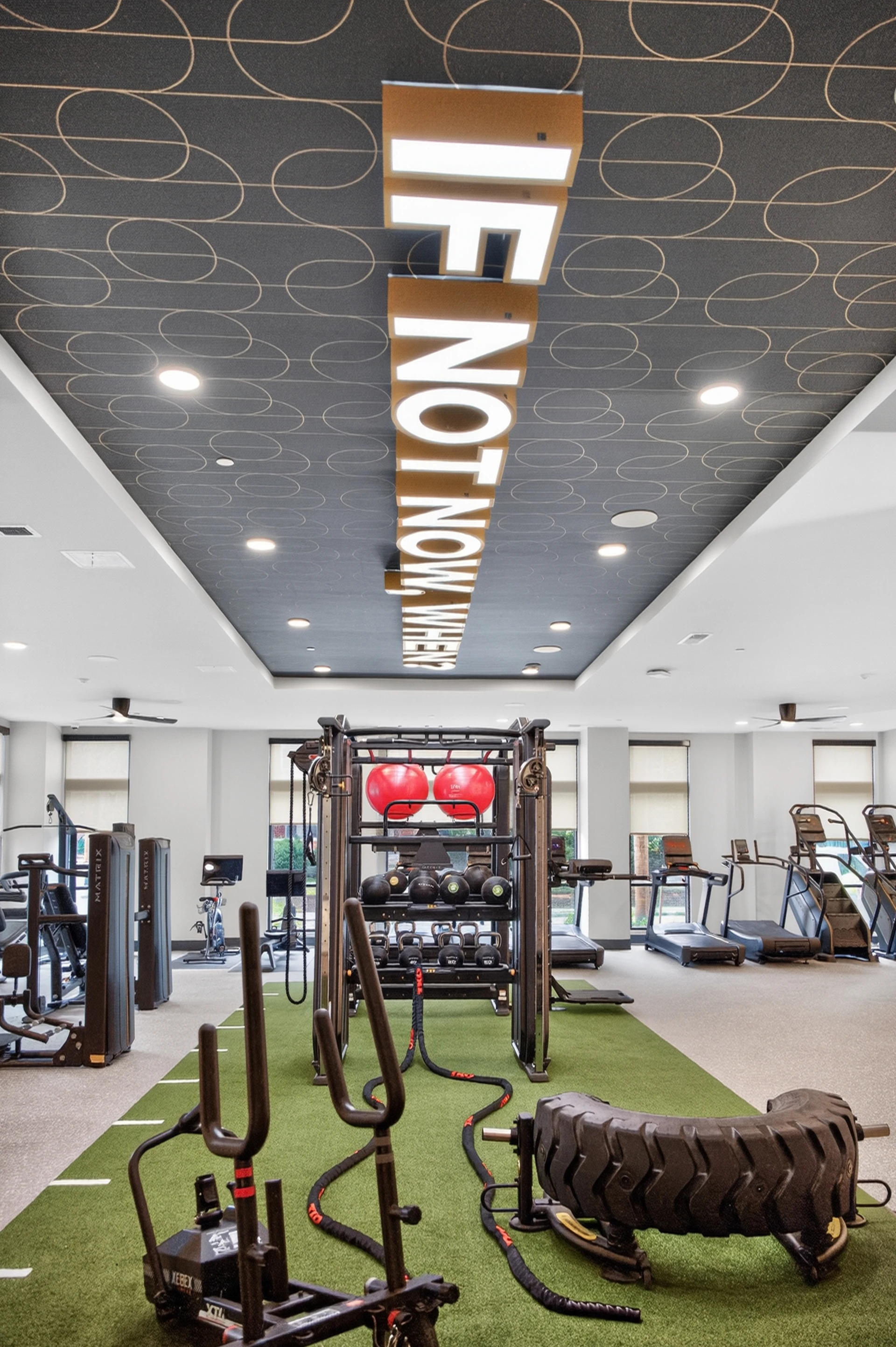 A functional training rig on a turf lane with stability balls, kettlebells and a tire flip, a climbmill row behind it