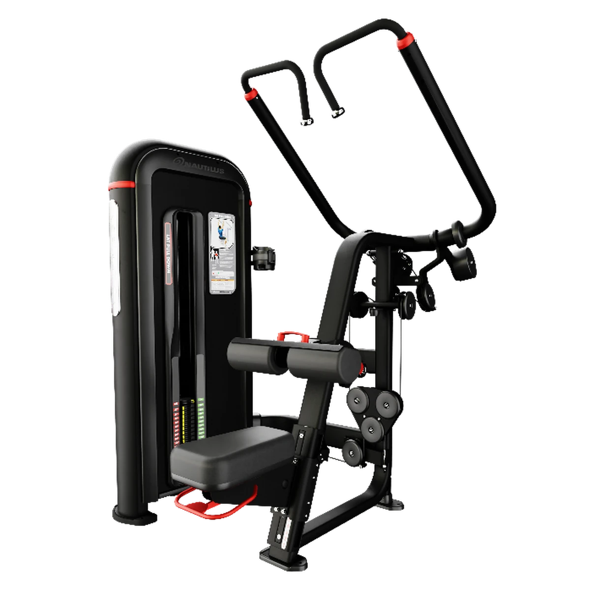 Black Nautilus Inspiration selectorized lat pulldown machine with a thigh stabilization pad