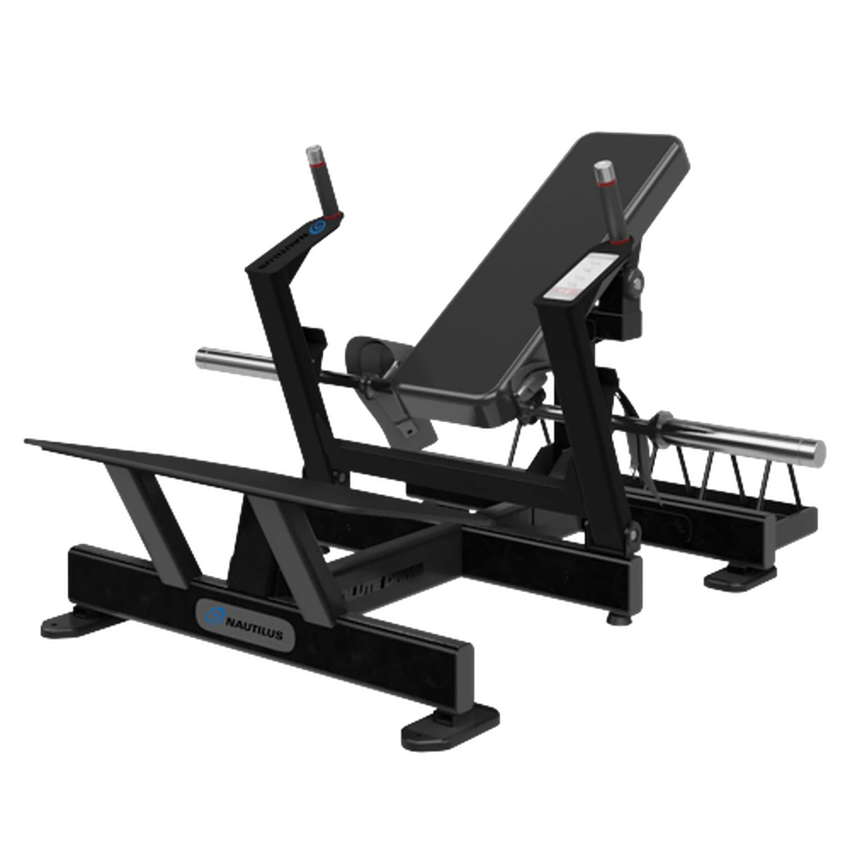 Black Nautilus Leverage Glute Drive hip-thrust machine with a padded bench and belt