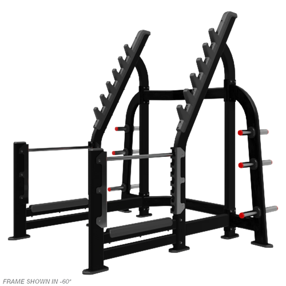 Black Nautilus commercial squat rack with plate storage horns and safety catches