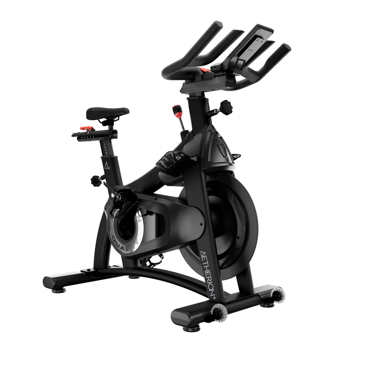Black Schwinn Aetherion+ indoor cycling bike with a mounted device holder and multi-position handlebars