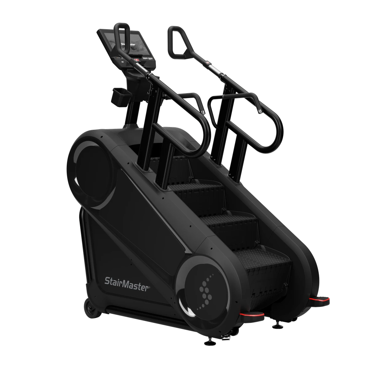 Black StairMaster 10G stair-climbing machine with a touchscreen console and side handrails