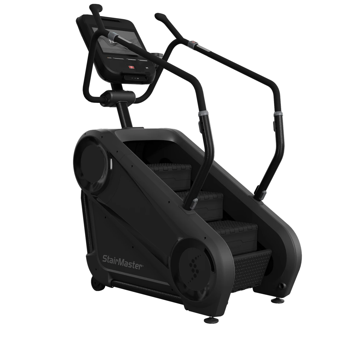 Black StairMaster 4G StepMill, a compact stair-climbing machine with a touchscreen console