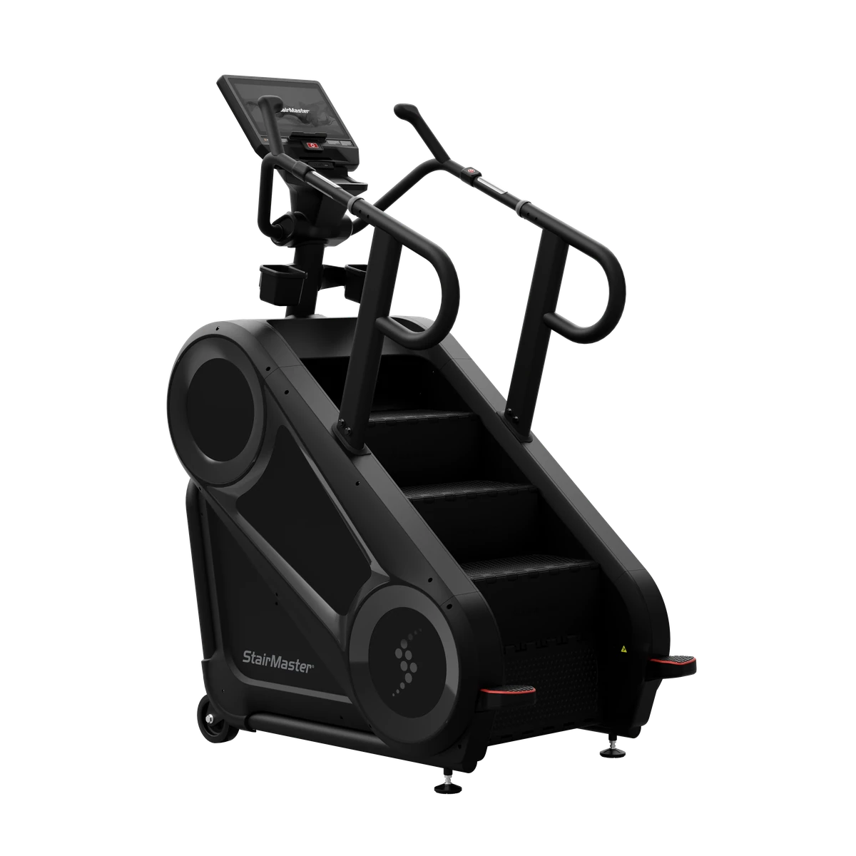 Black StairMaster 8Gx stair-climbing machine with a touchscreen console and ergonomic handrails