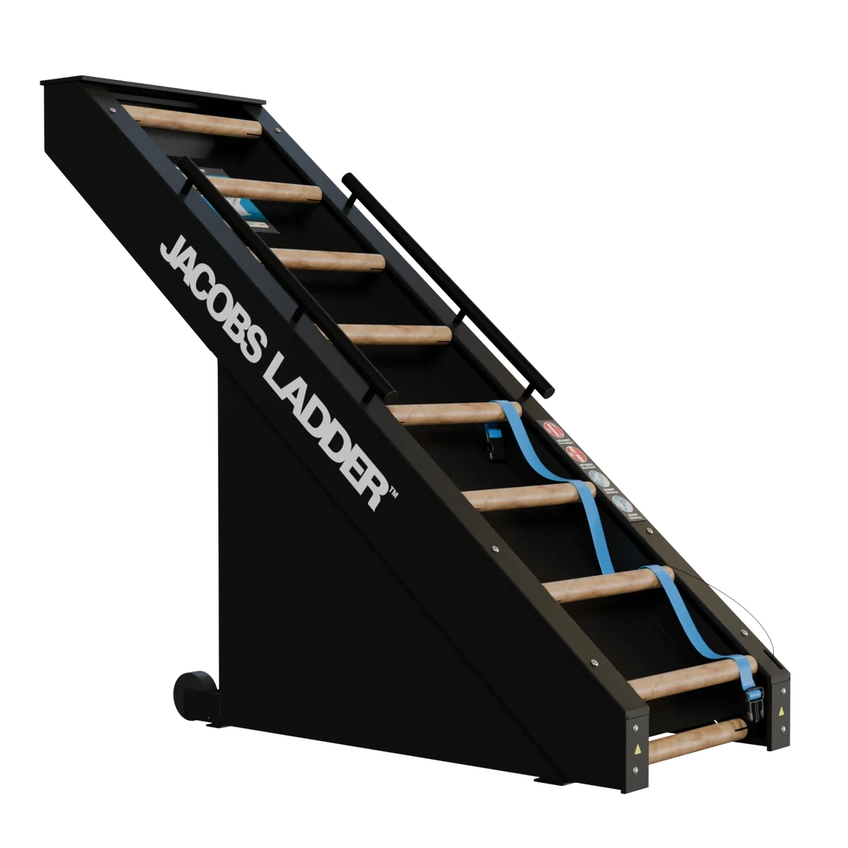 Black Jacobs Ladder self-powered climbing machine with wood rungs and blue safety straps
