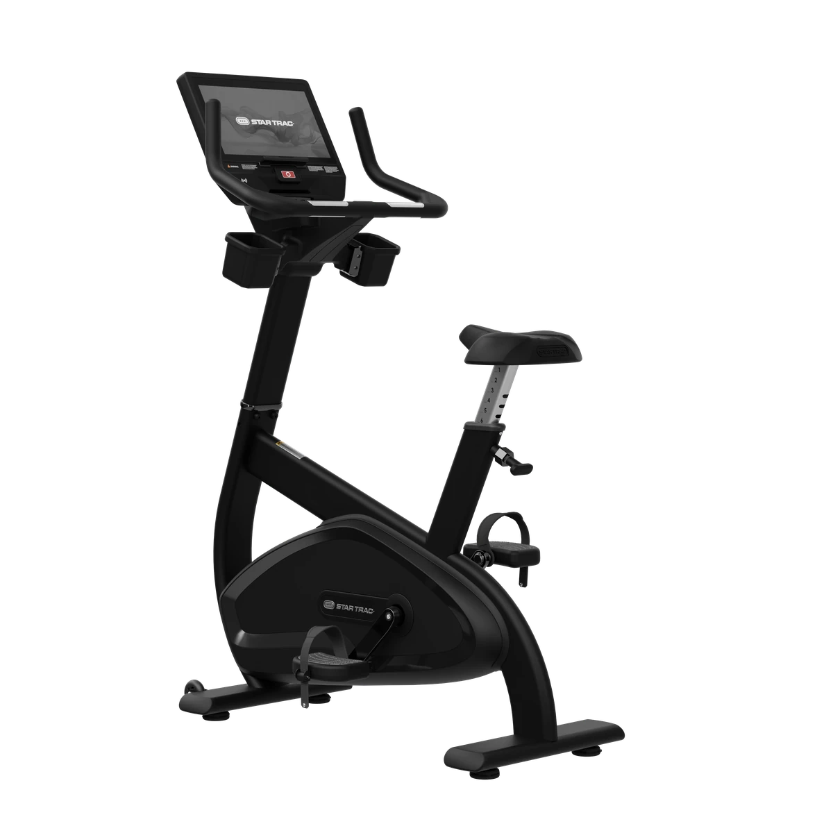 Black Star Trac 8 Series upright exercise bike with a touchscreen console