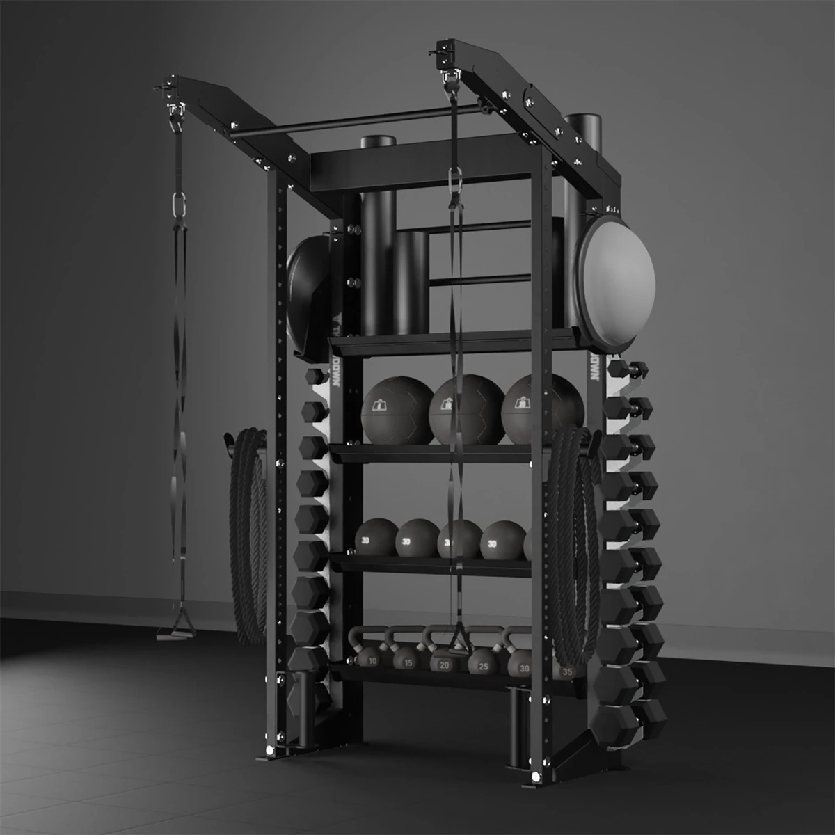 Black Throwdown Alpha XTC functional training rig with dumbbell racks, medicine balls and suspension straps