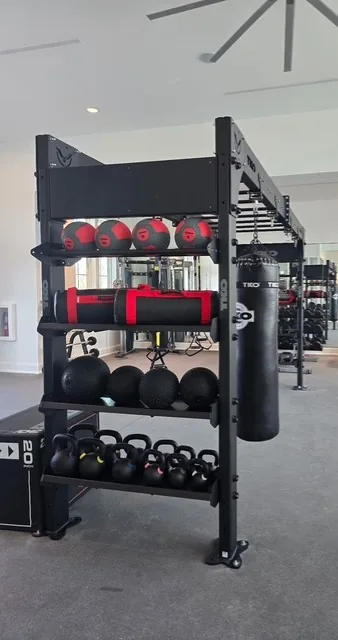 TKO storage upright with medicine balls, aqua bags, slam balls and kettlebells at a Davenport, Florida apartment gym