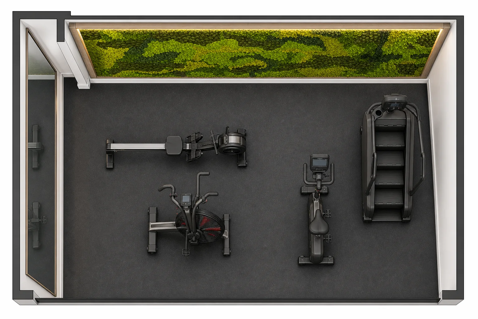 Overhead 3D rendering of a Texas cardio room layout with a rower, air bike, stationary bike and stair climber