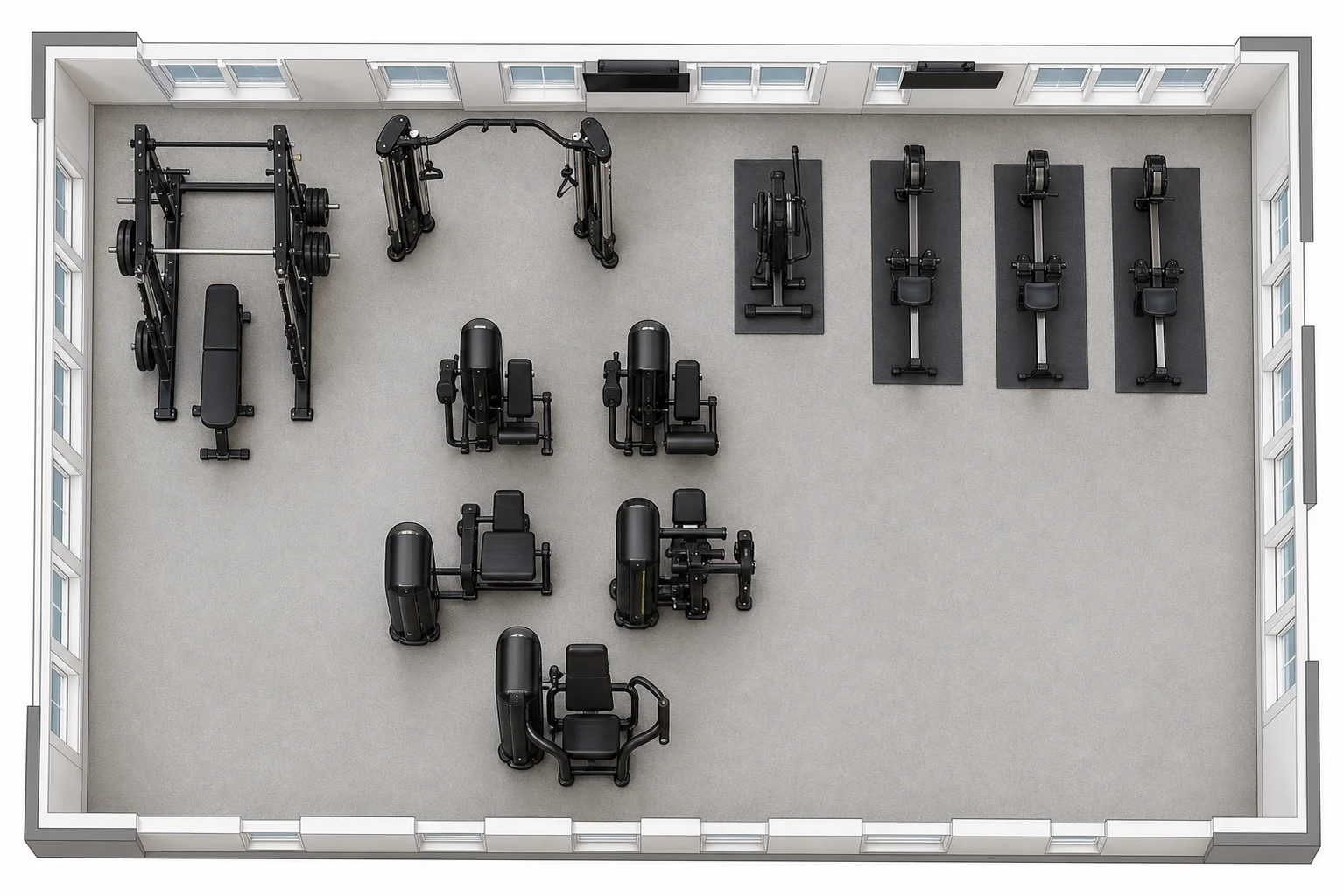 Overhead 3D rendering of a Texas strength room layout with a power rack, cable crossover and treadmills