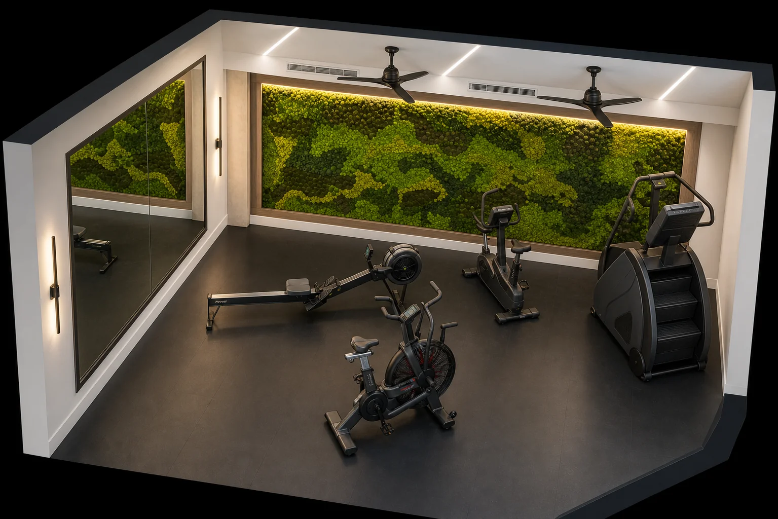 3D rendering of a Texas cardio room with a rower, air bike, stationary bike and stair climber beside a moss accent wall