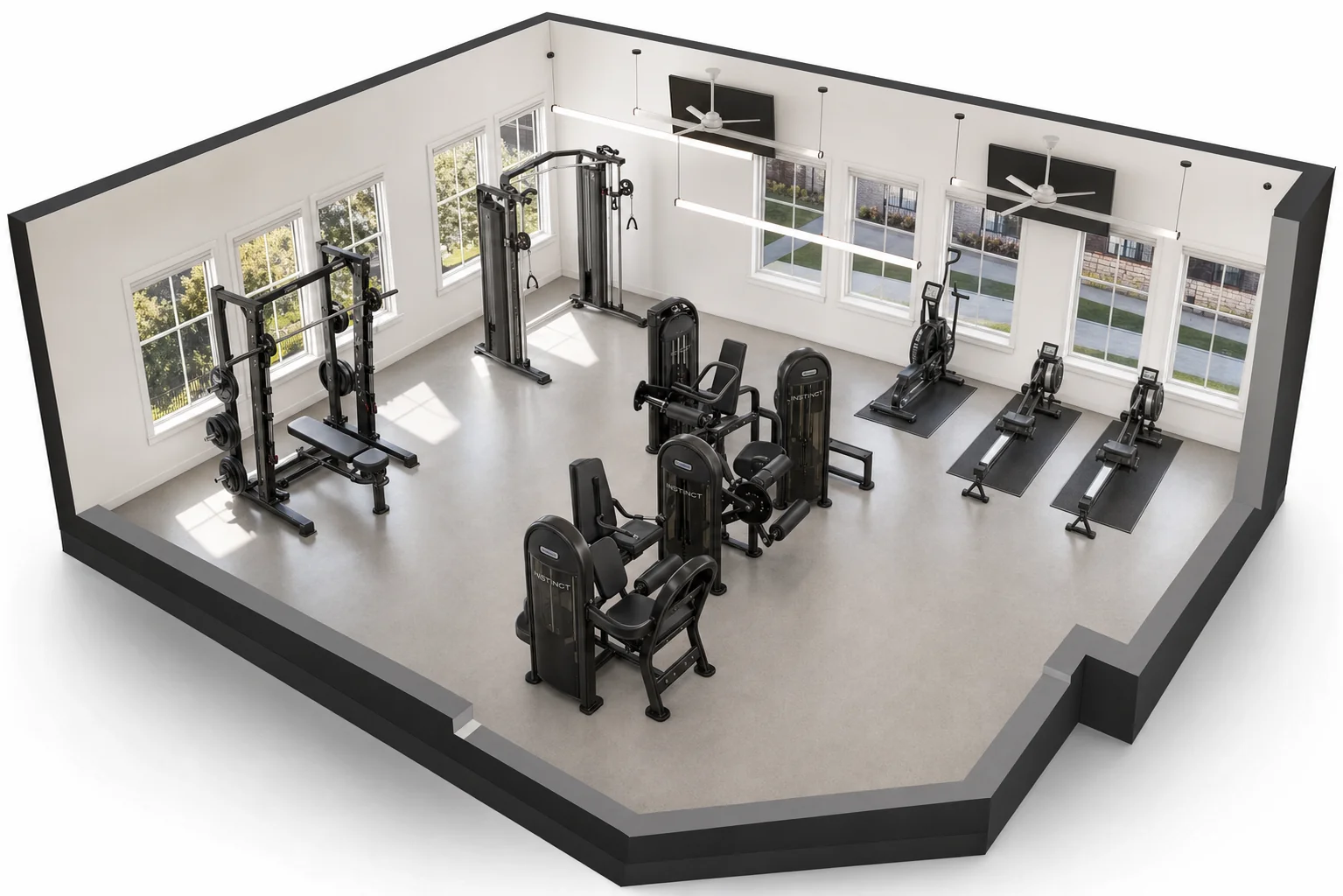 3D rendering of a Texas strength room with a power rack, cable crossover and Nautilus Instinct selectorized machines